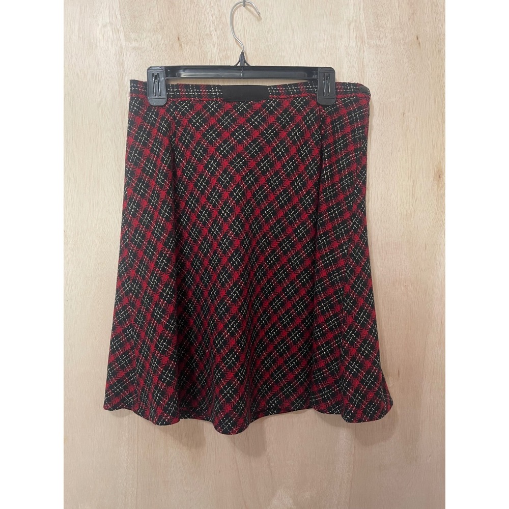 Talbots Red Black Plaid Tweed A-Line Skirt Size 12 Side Zip Lined read